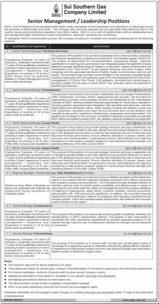 Sui Southern Gas Company SSGC jobs